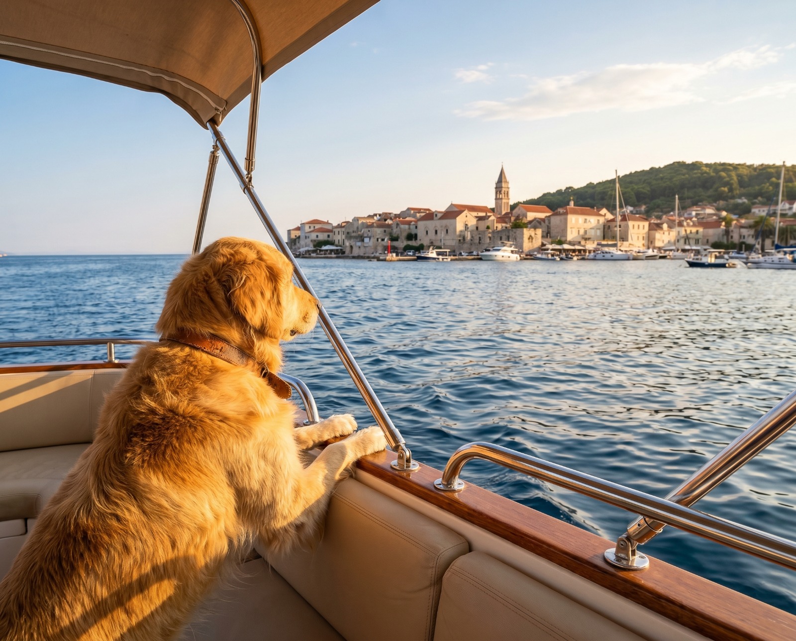 Dog looking out from a yacht on the Croatian coast